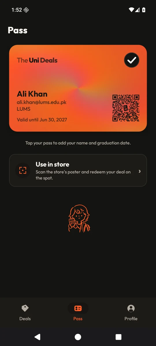 The Uni Deals on Android, showing a sample verified student pass in a Pixel 8 Pro frame.