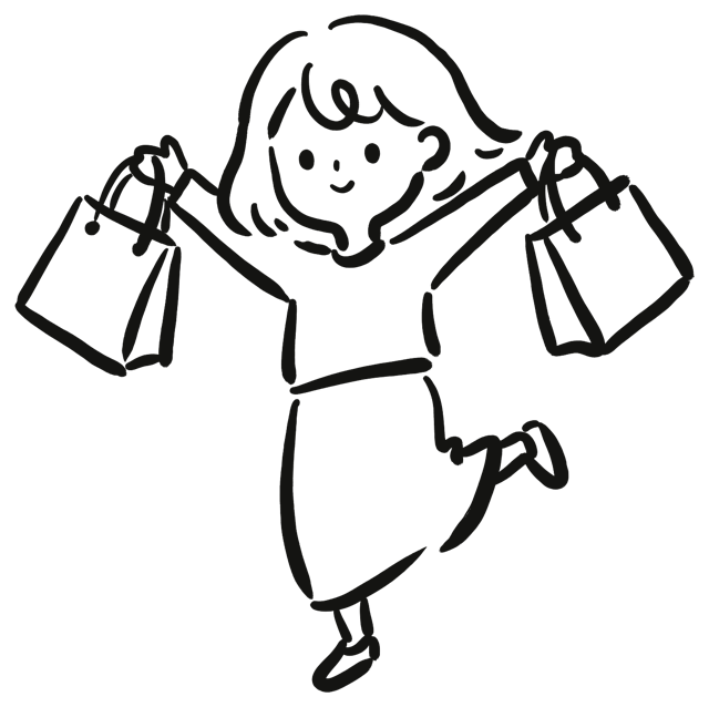 Hand-drawn shopper dancing with shopping bags