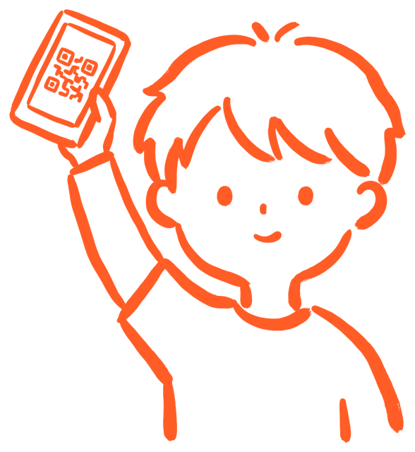 Hand-drawn student holding up a phone showing a QR code