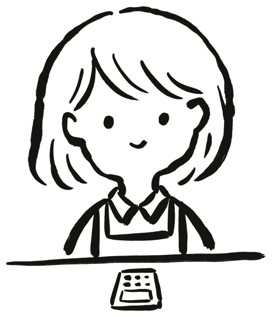Hand-drawn shopkeeper standing behind a counter with a card machine