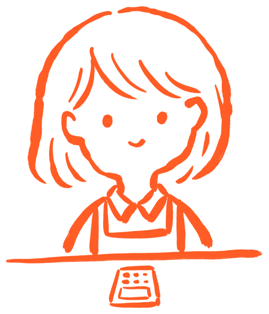 Hand-drawn shopkeeper standing behind a counter with a card machine